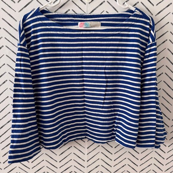 Free People Beach Blue Striped Cropped Sweatshirt Bell Sleeve Size Small - Picture 1 of 6